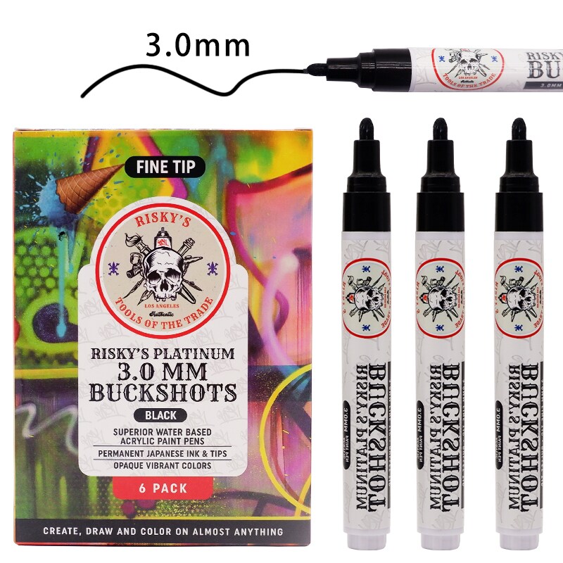 Risky's Tools of the Trade Platinum 3mm 6 Pack of Black Acrylic Paint Pens for Graffiti or Fine Art