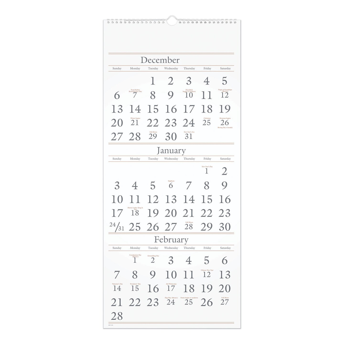 At-A-Glance Three-Month Reference Wall Calendar, 12 x 27, White Sheets, 15-Month (Dec to Feb): 2023 to 2025