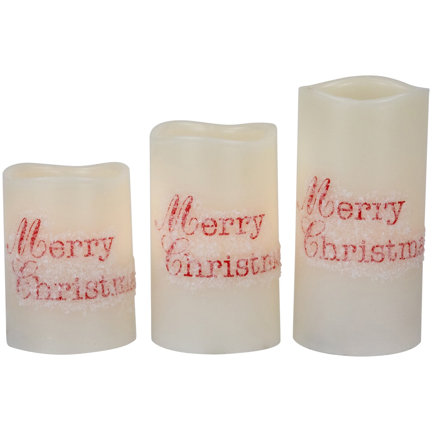 Northlight Set of 3 Frosted White &#x22;Merry Christmas&#x22; Flameless LED Wax Pillar Candles 6&#x22;