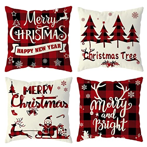 Rustic Christmas Pillow Covers 18x18 Inch Set Of 4, Buffalo Check