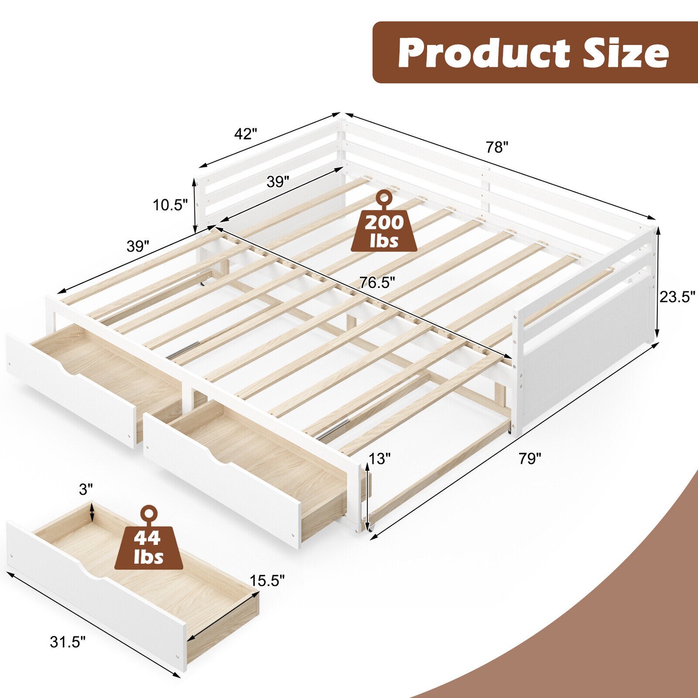 Extendable Twin to King Daybed with Trundle and 2 Storage Drawers-White