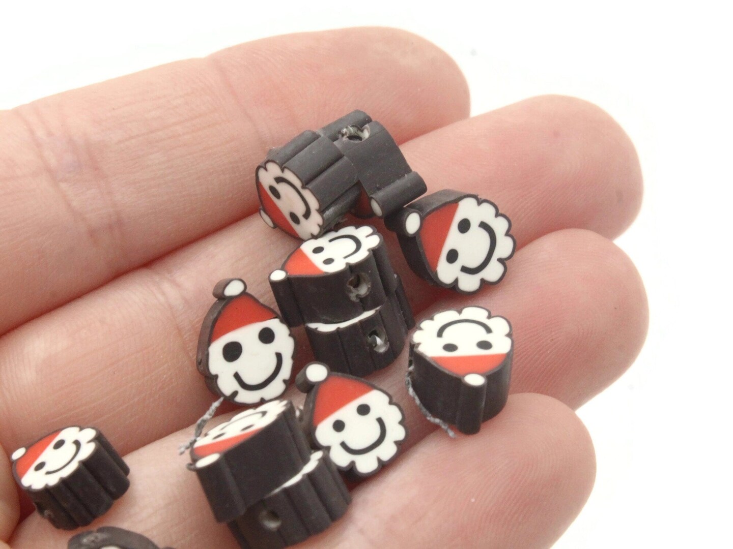 30 Clay Santa Claus with Black Outline Polymer Clay Red and White Christmas Beads