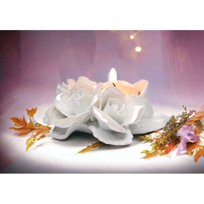 Ceramic White Rose Tealight Candle Holder 4 Inches Wedding Anniversary