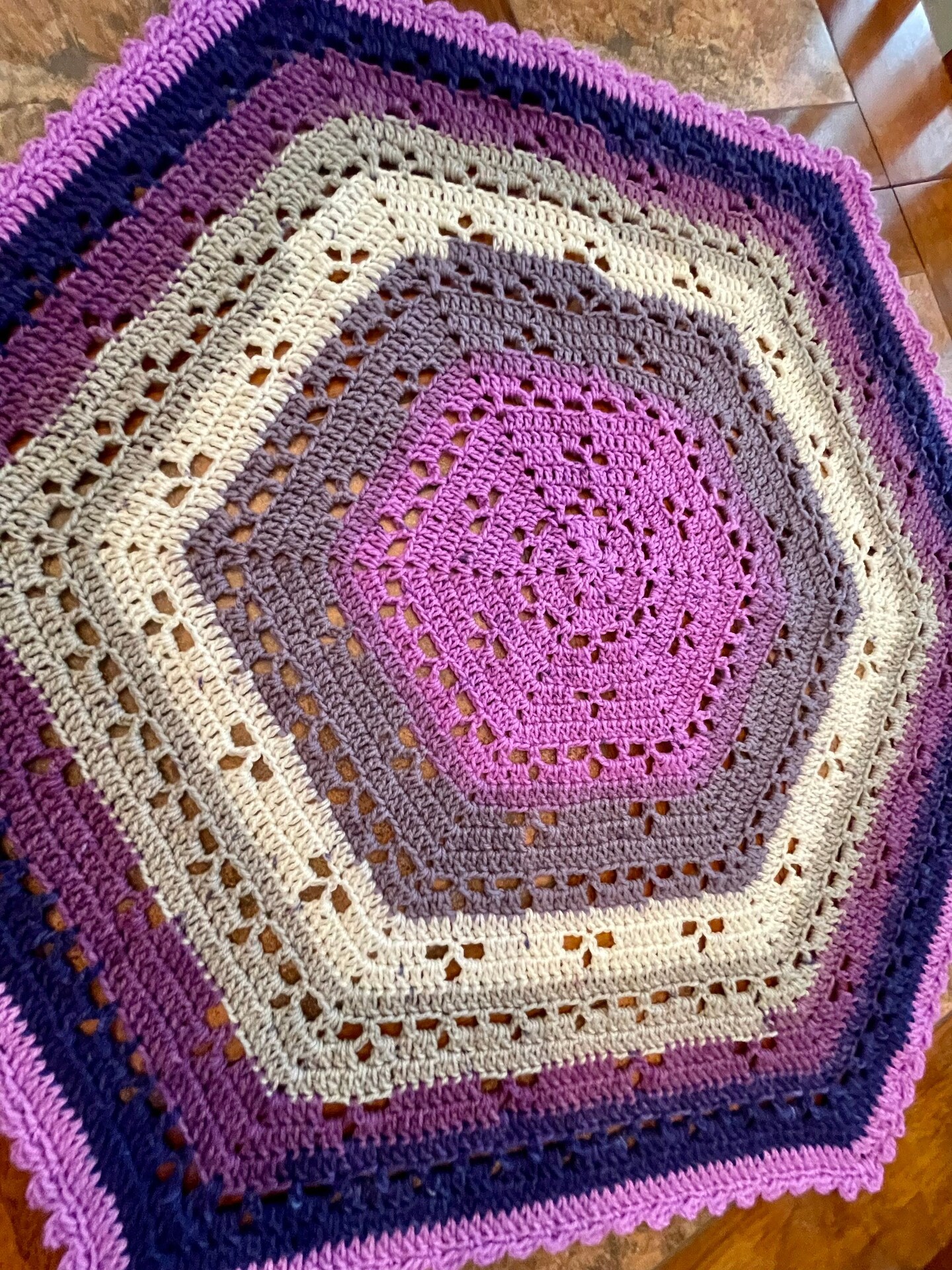 Hexagon Hand Crocheted Baby Blanket Purple Gray White Crocheted