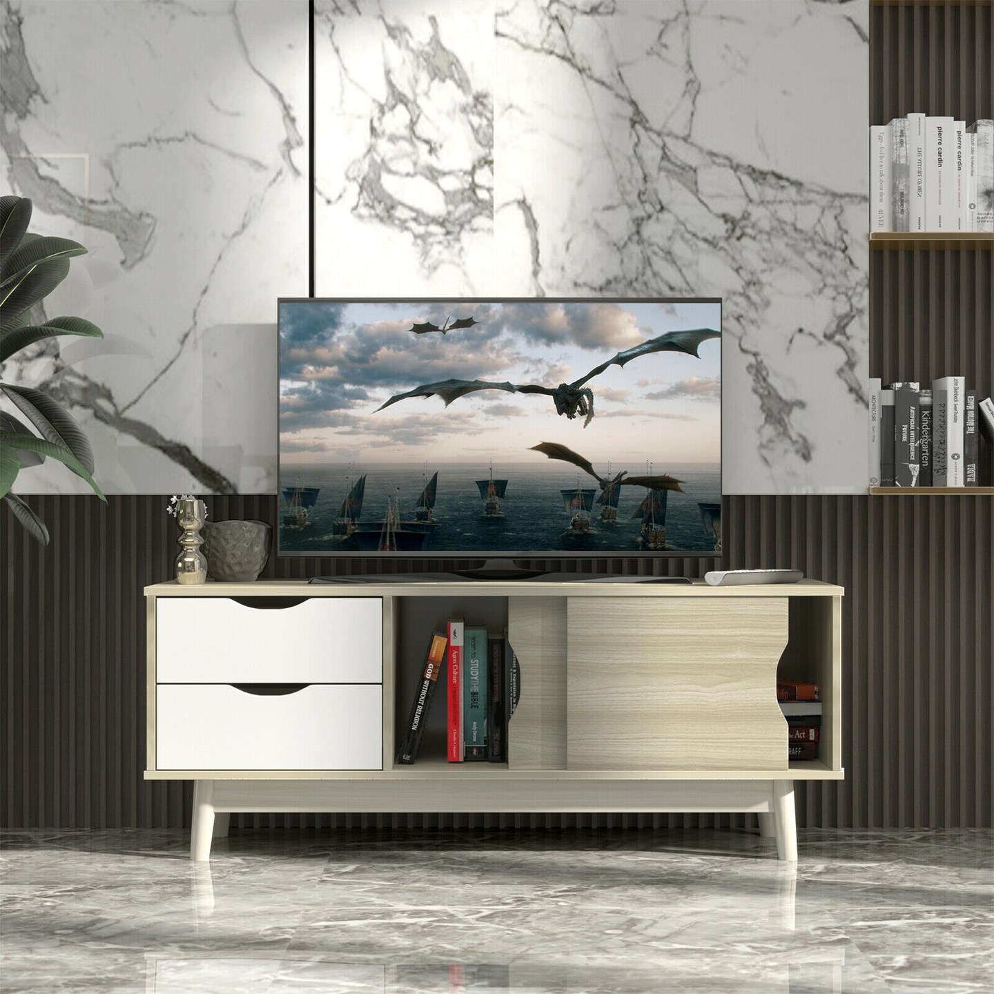 Engineered Wood TV Console Cabinet with Drawers and Sliding Doors