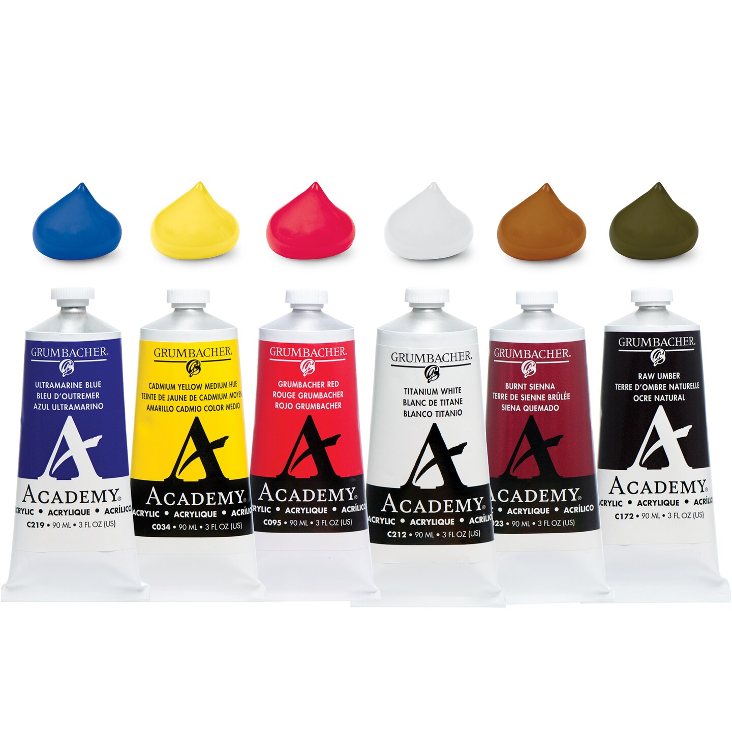 Grumbacher Academy Acrylic Paint Set, Six Colors, 90 ml. Tubes
