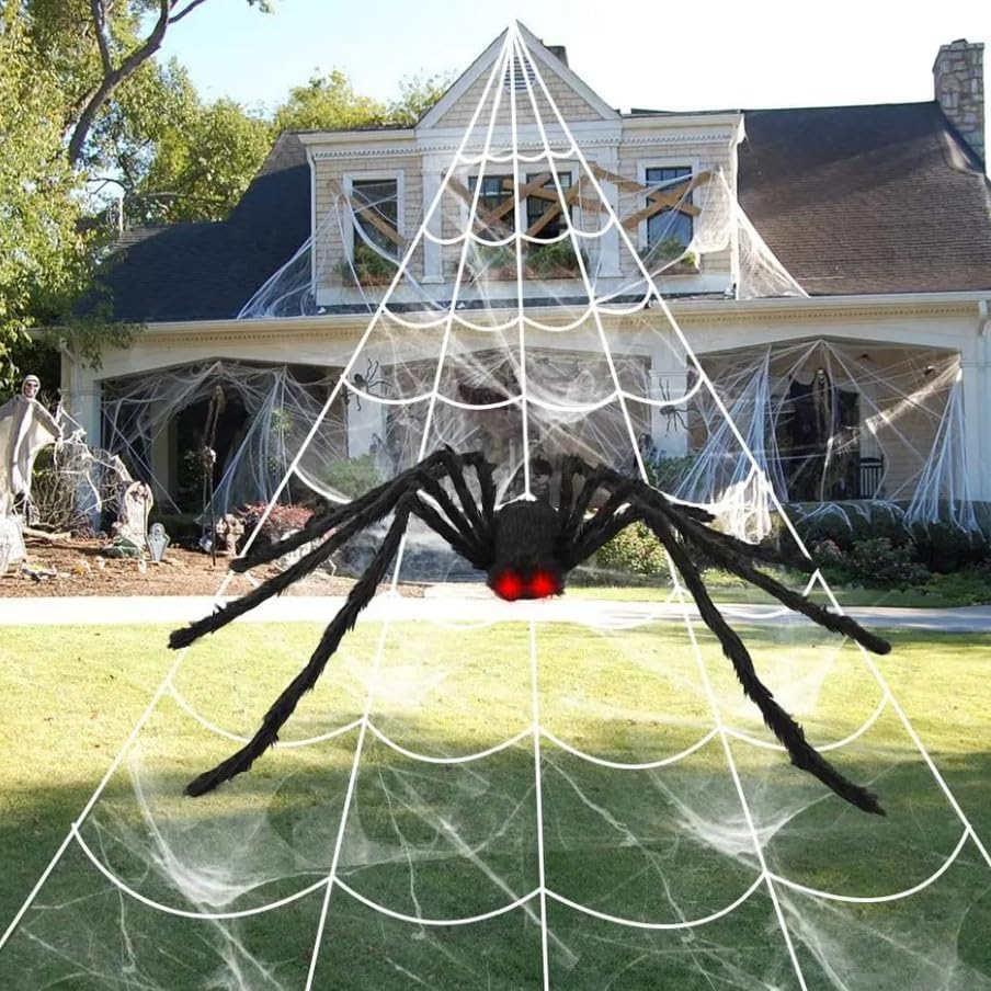 59" Giant Spider Decorations, Fake Spider with LED Eyes & Large Spider Web for Indoor and Outdoor
