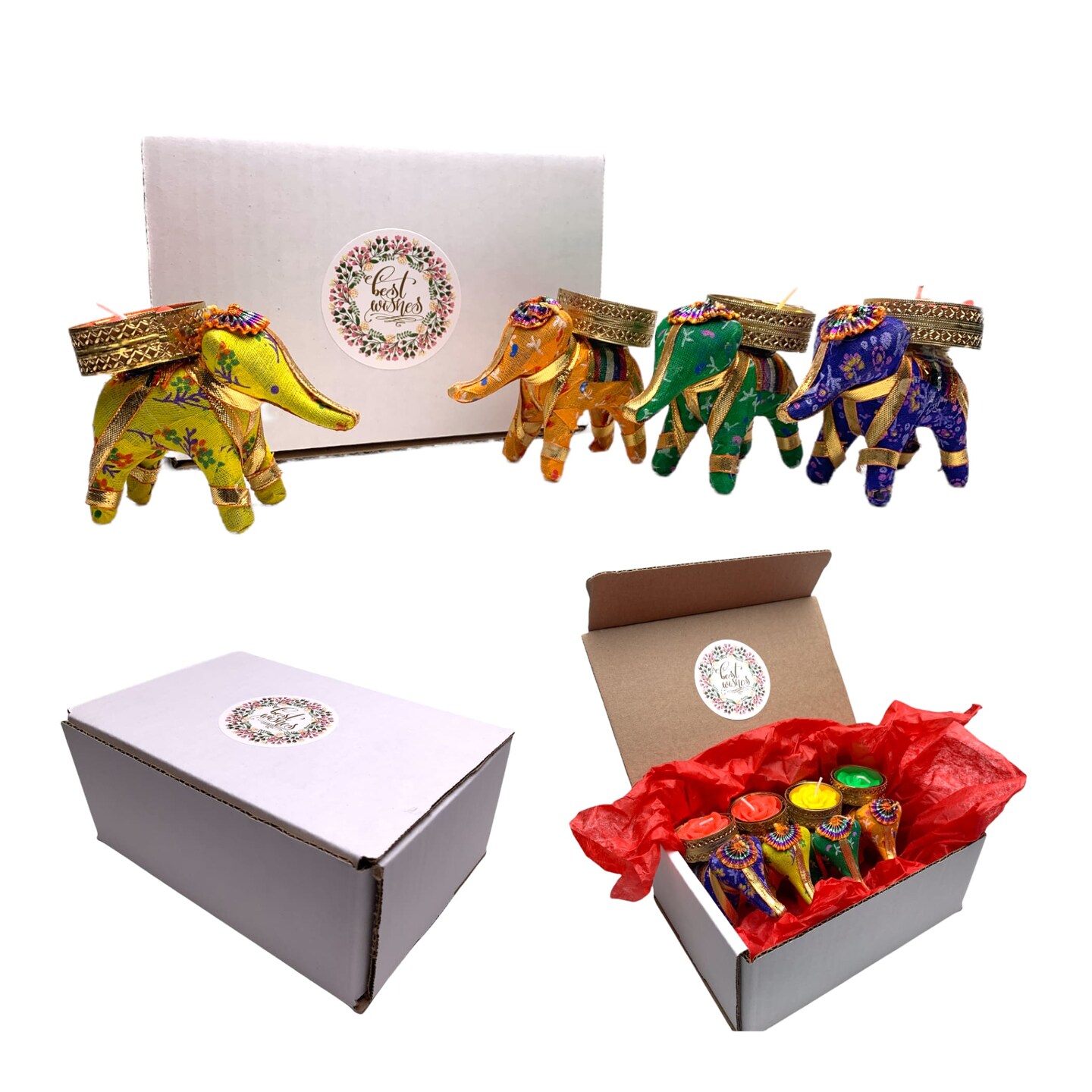 Diwali Gift Hamper Elephant Tealight Candle Holder Diwali Gift Boxes Indian Festival Best Wishes Christmas Hamper Basket for Employees Home Office Friends Family & Relatives - Return Gift