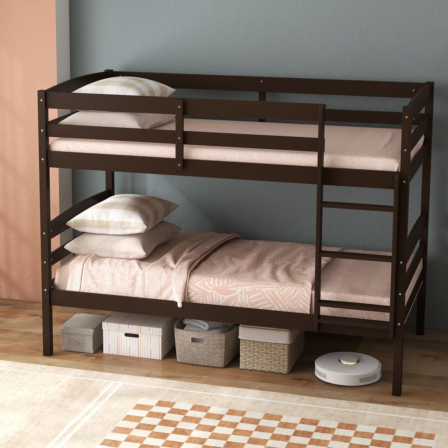 Twin Over Twin Bunk Bed, Solid Wood, Detachable and Safe Design