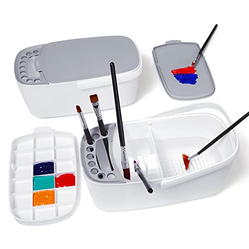 Paint Brush Cleaner - Paint Brush Holder with Palette and Handle, Paint Brush Rinser for Acrylic, Watercolor, and Water-Based Paints, Painting Art Supply Storage Organizer (White+Grey)