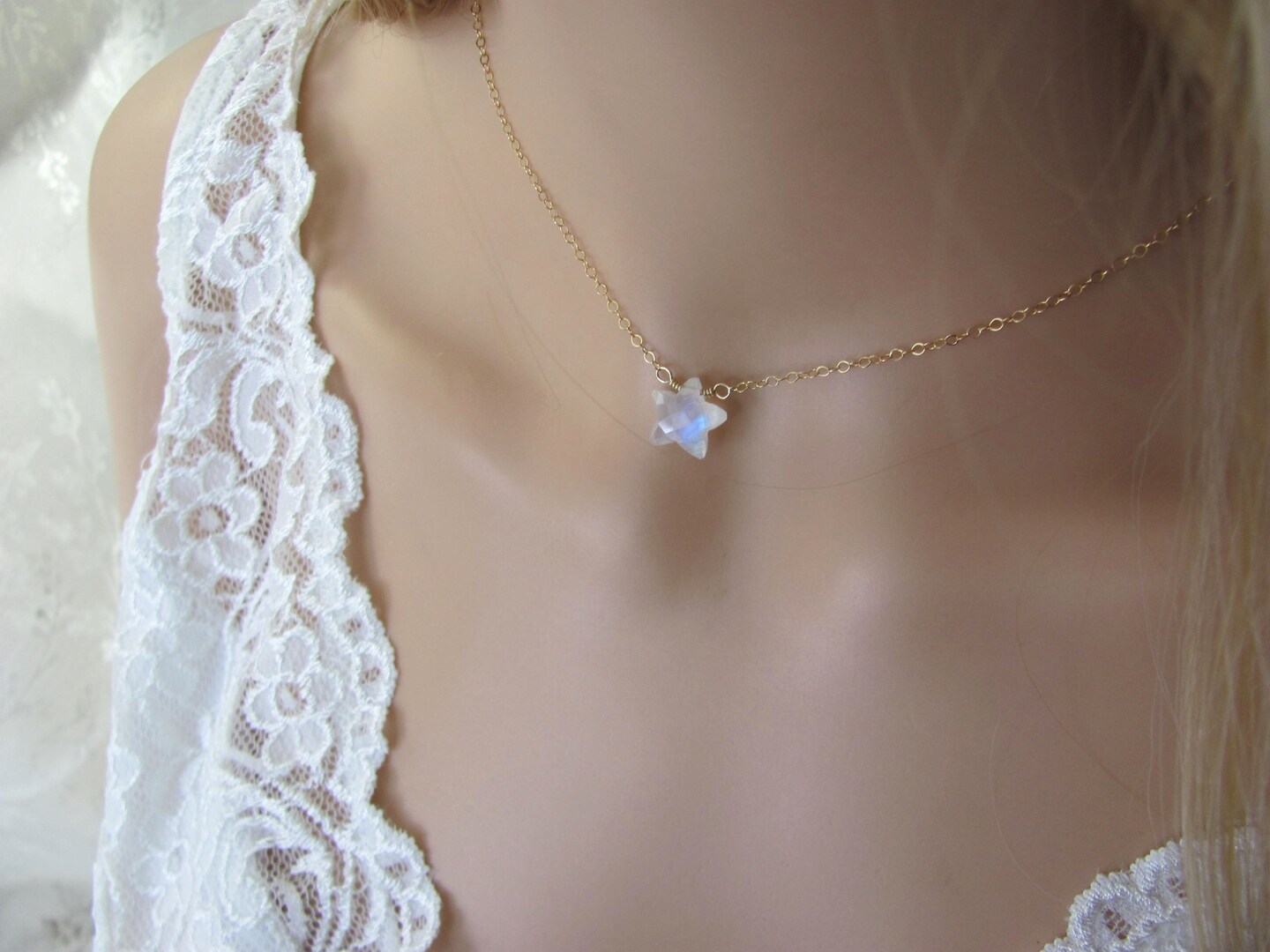 product name is Gold Moonstone Star Necklace - Celestial Jewelry