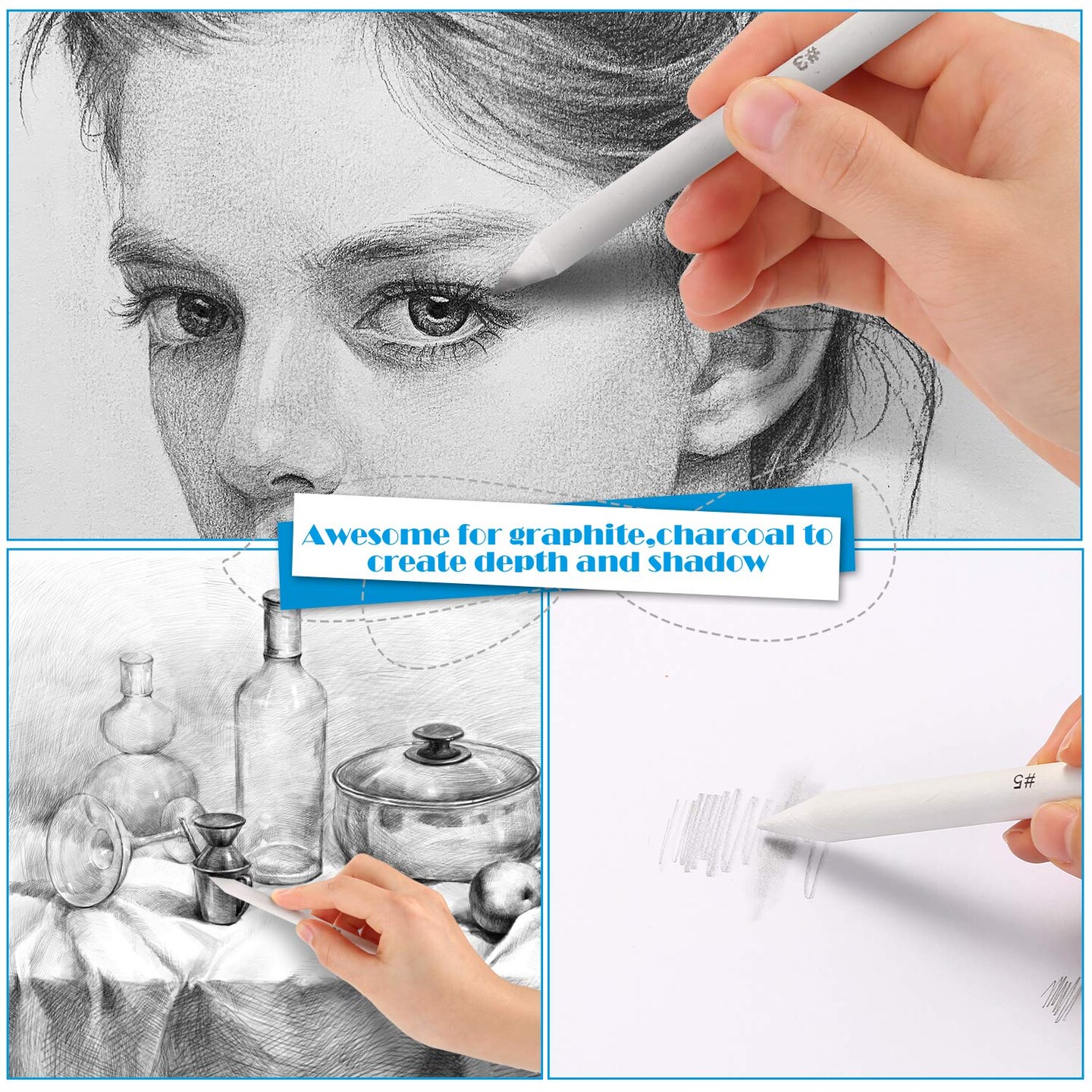 AGPTEK 22 PCS Sketch Drawing Tools, 16 Blending Stumps Set with 2 Sandpaper Pencil Sharpeners, 1 Pencil Extension Tool, 2 Erasers & 1 Felt Bag for Student Sketch Drawing Accessories