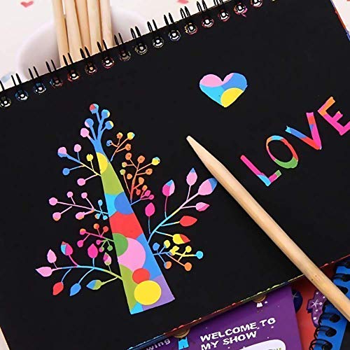 12 Pieces of Set , 4 pck Scratch Arts Drawing Notebook for Kids Drawing Pad, Large Rainbow Scratch Drawing Paper Set for Kids Art Supplies (with 4 Wooden Stylus & 4 Drawing Stencils)