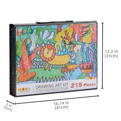 215 Piece Art Set Crafts Drawing Kit with Trifold Easel, Includes Preprinted Paper, Oil Pastels, Crayons, Colored Pencils, Smock &#x26; More Gifts for Girls Boys Teen Ages 4-6-8-9-12