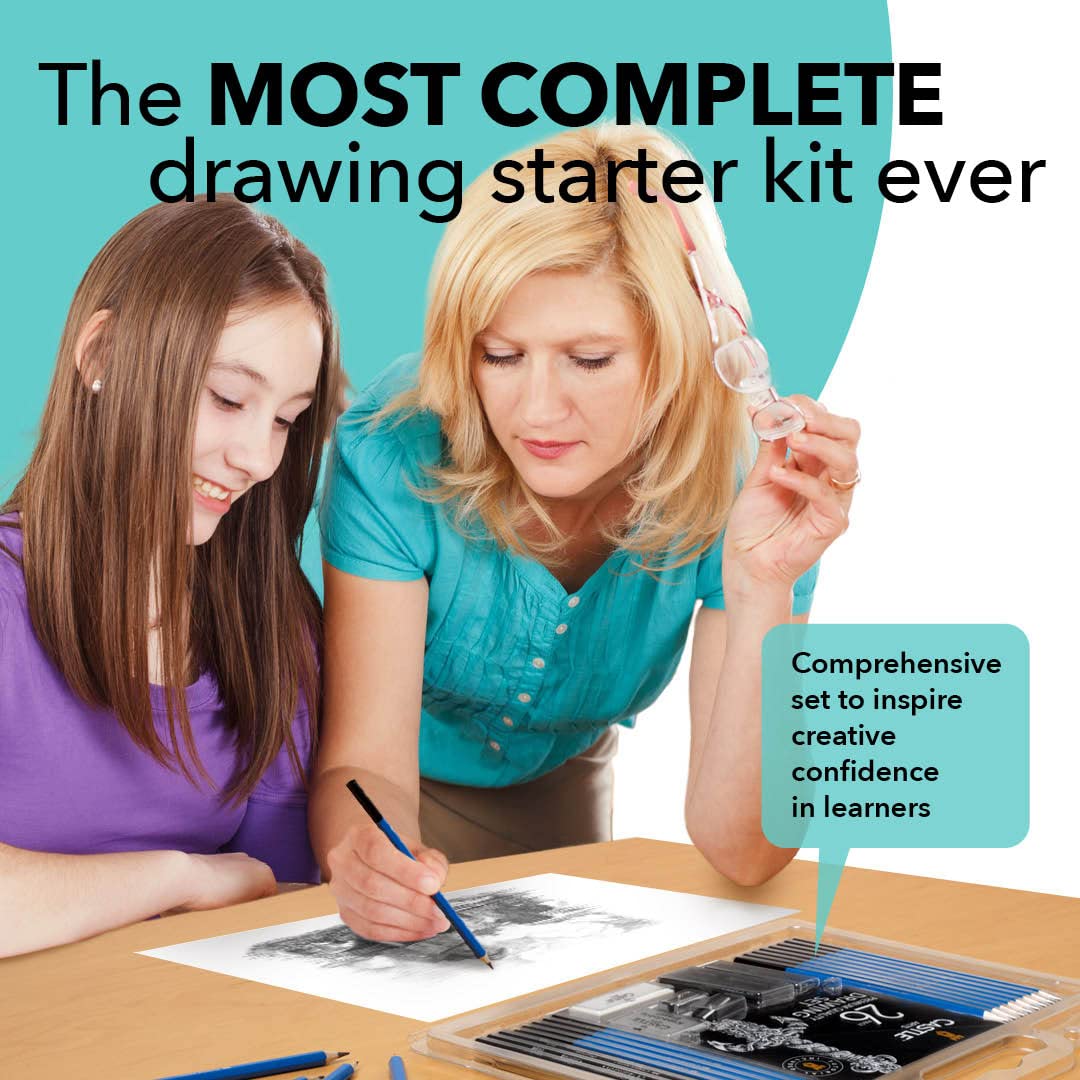 26 Pieces Premium Drawing and Sketching Set | For Artists, Professionals or Beginners | Pencils, Charcoal, Graphite and More | Arranged in Carry-Anywhere Clamshell Case