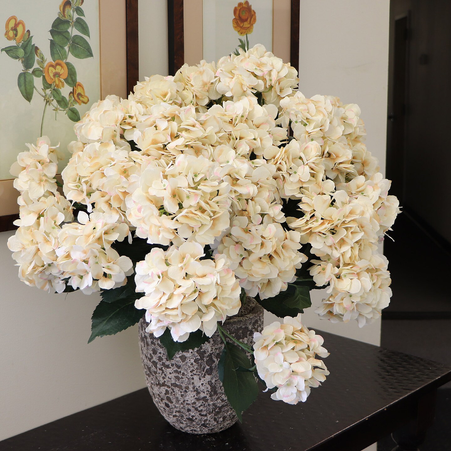 4-Pack: UV Resistant Beige Hydrangea Bush - 7 Lifelike Silk Flowers per Bush, Perfect for Indoor & Outdoor Decor, Home & Event Accents, Floral Home by Artificial Flowers