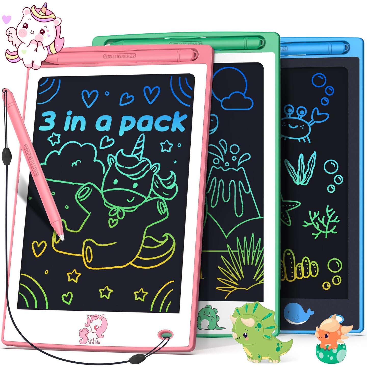 3 PCS in 1 Pack  Toys LCD Writing Tablet Toddler,Toys for Boys Girls 3 4 5 6 7 8year, Drawing Pad Toy Easter Basket Stuffers for Kids,Drawing Tablet Doodle Board Cute Dinosaur Unicorn 8.8 Inch