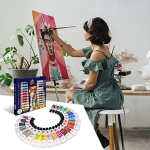 24 Vibrant Colors(12ml/0.4oz Tubes) Basic and Metallic Acrylic Paints for Artists, Ideal Acrylic Art Set for Canvas, Wood