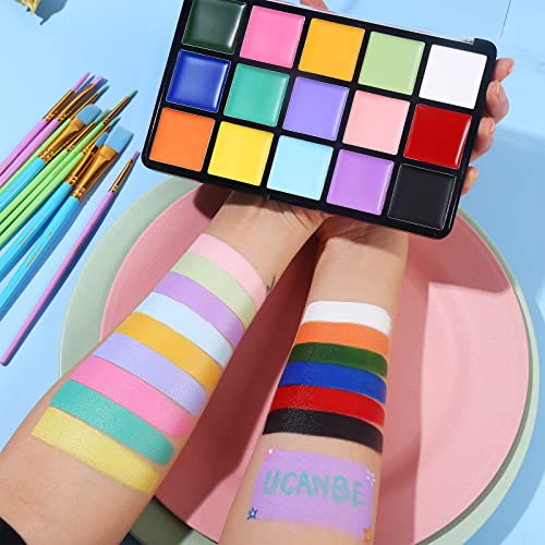 15 Colors Macaron Face Body Paint Set, Painting Palette Makeup Kit + 10pc Colorful Artist Brushes, Oil Base Paint Set for Halloween, Cosplay, Parties and SFX Costume