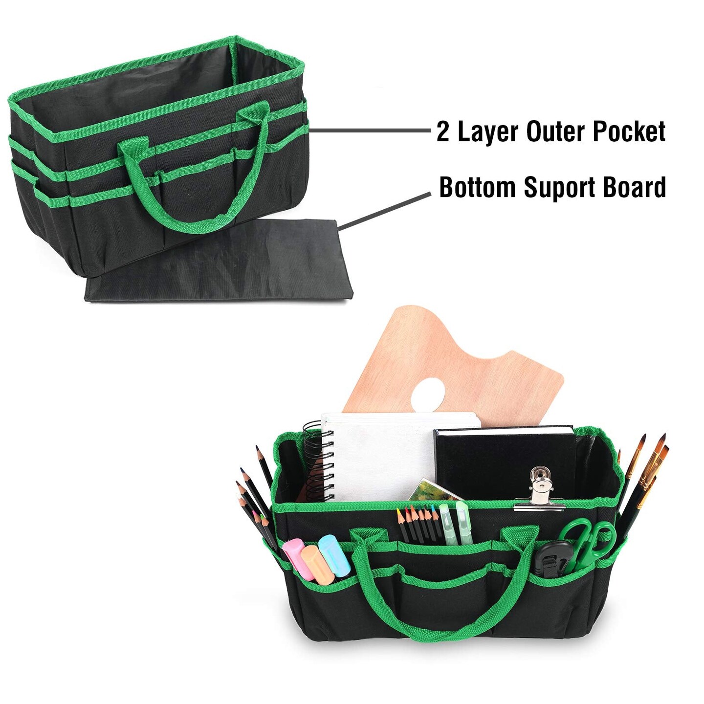 Craft and Art Organizer Tote Bag - 600D Green Nylon Fabric Art Caddy with Pockets - for Art, Craft, Sewing, Medical, and Office Supplies Storage