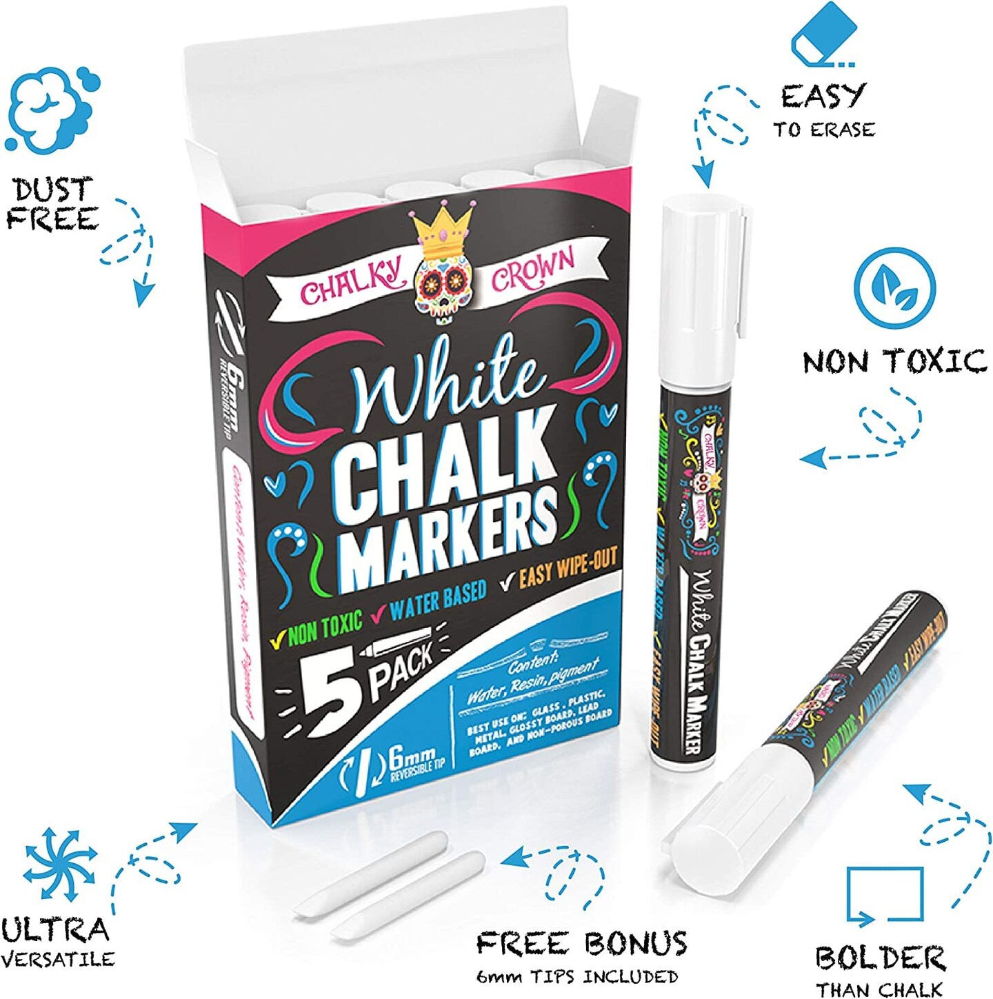 5 Pack Liquid Chalk Marker Pen - White Drawing Chalk - Chalkboard Markers for Chalkboard Signs, Windows, Blackboard, Glass - 6mm Reversible Tip - 24 Chalkboard Labels Included