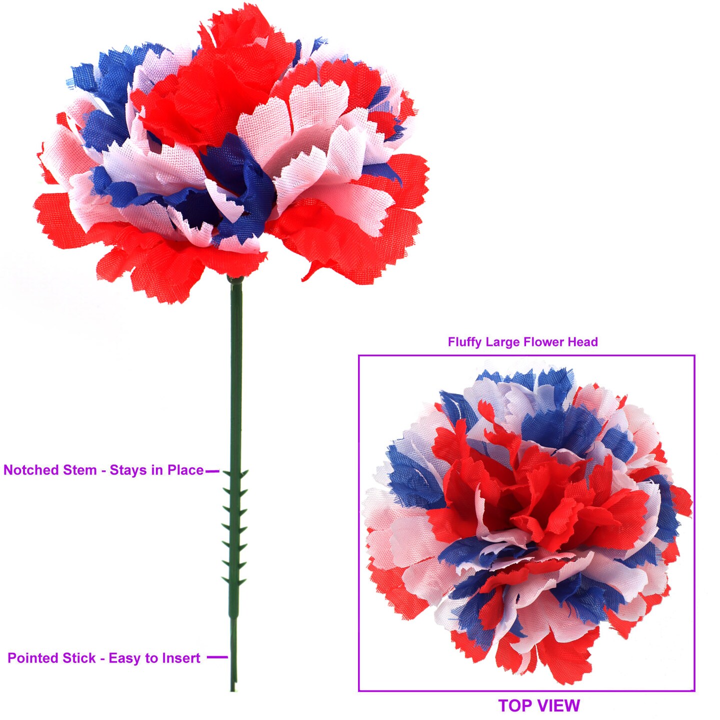 100-Pack: Patriotic Tri-Color Carnation Picks, 5&#x22; Stems, 3.5&#x22; Wide, Floral Home by Artificial Flowers