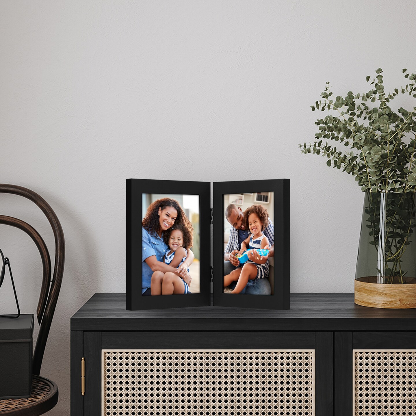 Americanflat Tri-Folding Picture Frame - Displays Two Photos at Once - Double Hinged Picture Frame - Shatter Resistant Glass - Tabletop Display Picture Frame - Black