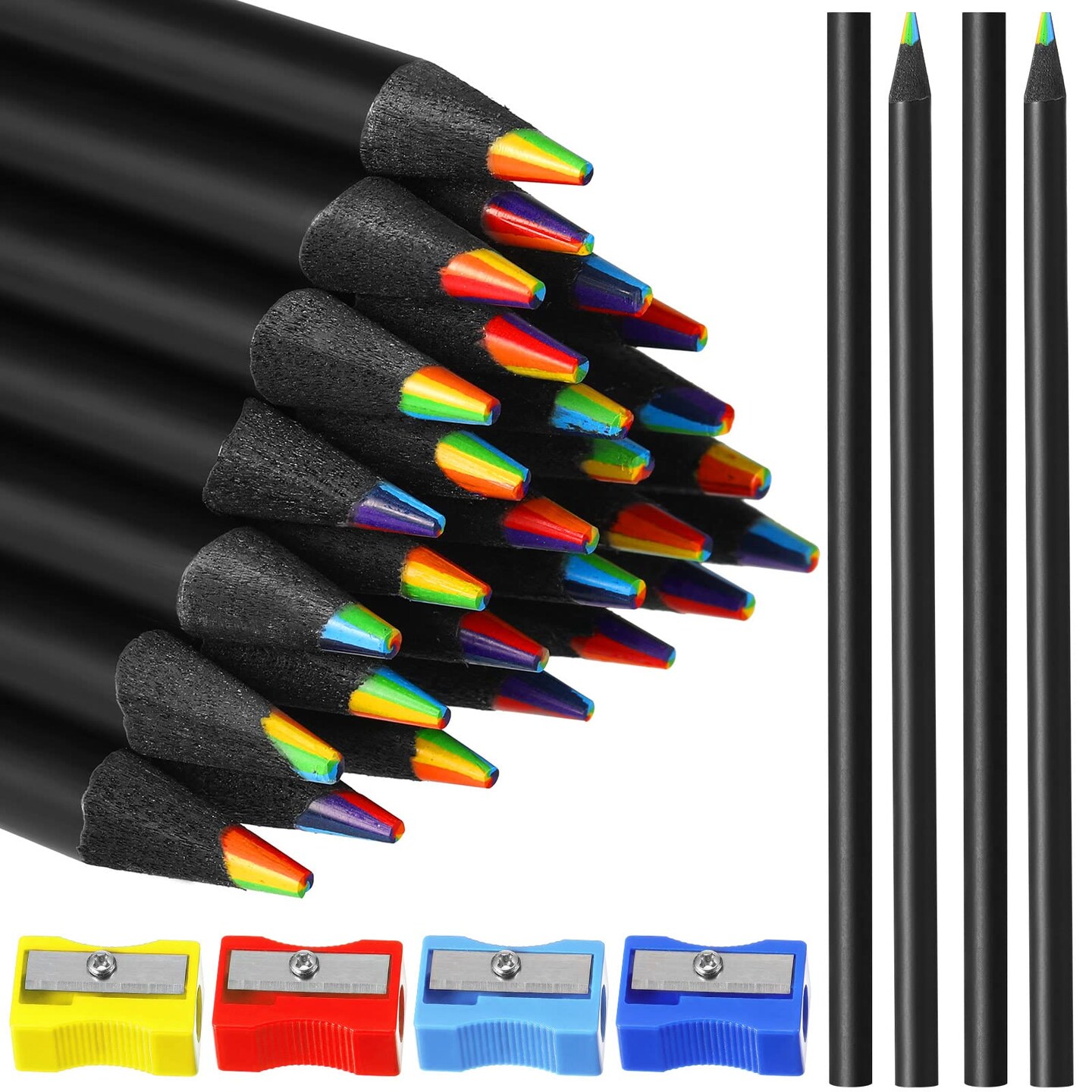 48 Pcs Rainbow Colored Pencils, 7 Color in 1 Rainbow Pencil for Kids, Wooden Colored Pencil Multi Colored Pencils Bulk with 4 Pieces Sharpener for Kids Adults Art Drawing (Black Wood)