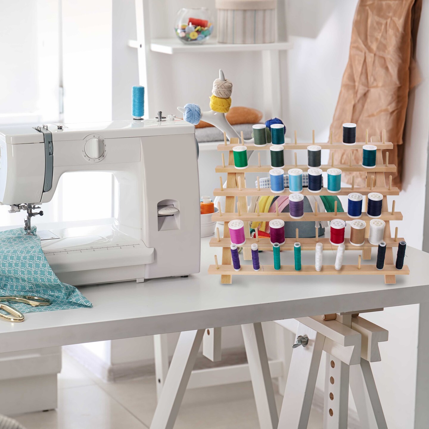 Premium Beechwood 60-Spool Sewing &#x26; Embroidery Thread Rack