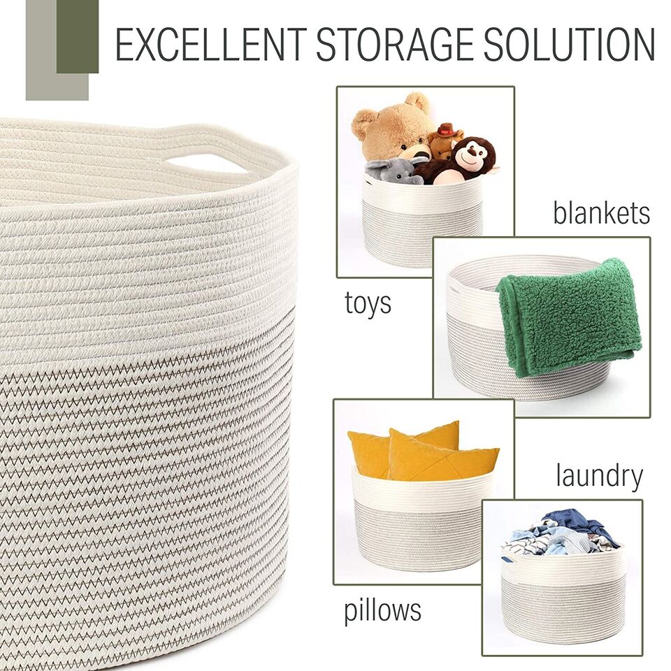 2Pcs Coiled Rope Storage Basket Woven Cotton Large Toy Laundry Bins Organizer