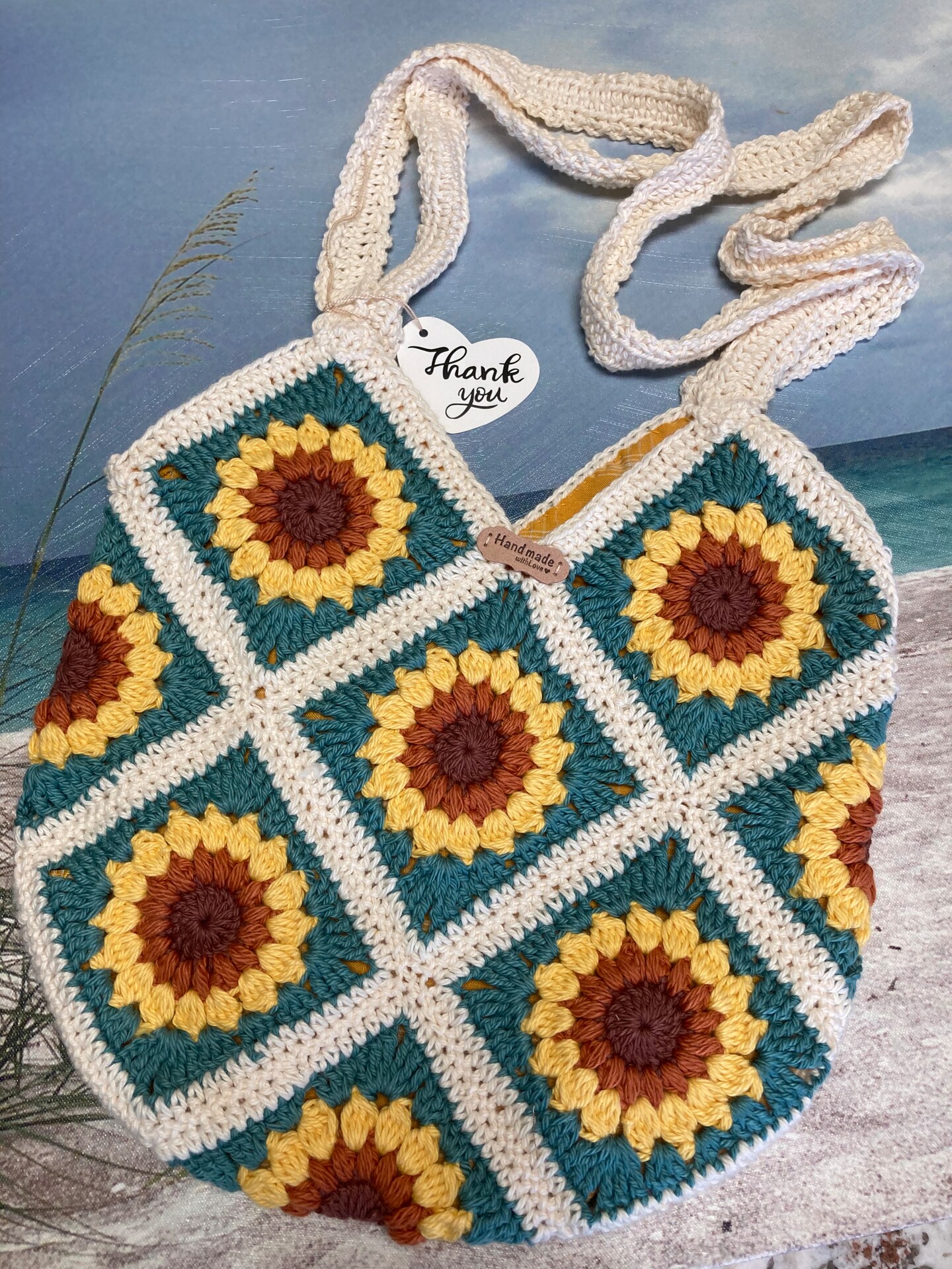 Classico Boho Crocheted Sunflower Bag with Fabric Lining | MakerPlace by  Michaels, image size:1440x1920