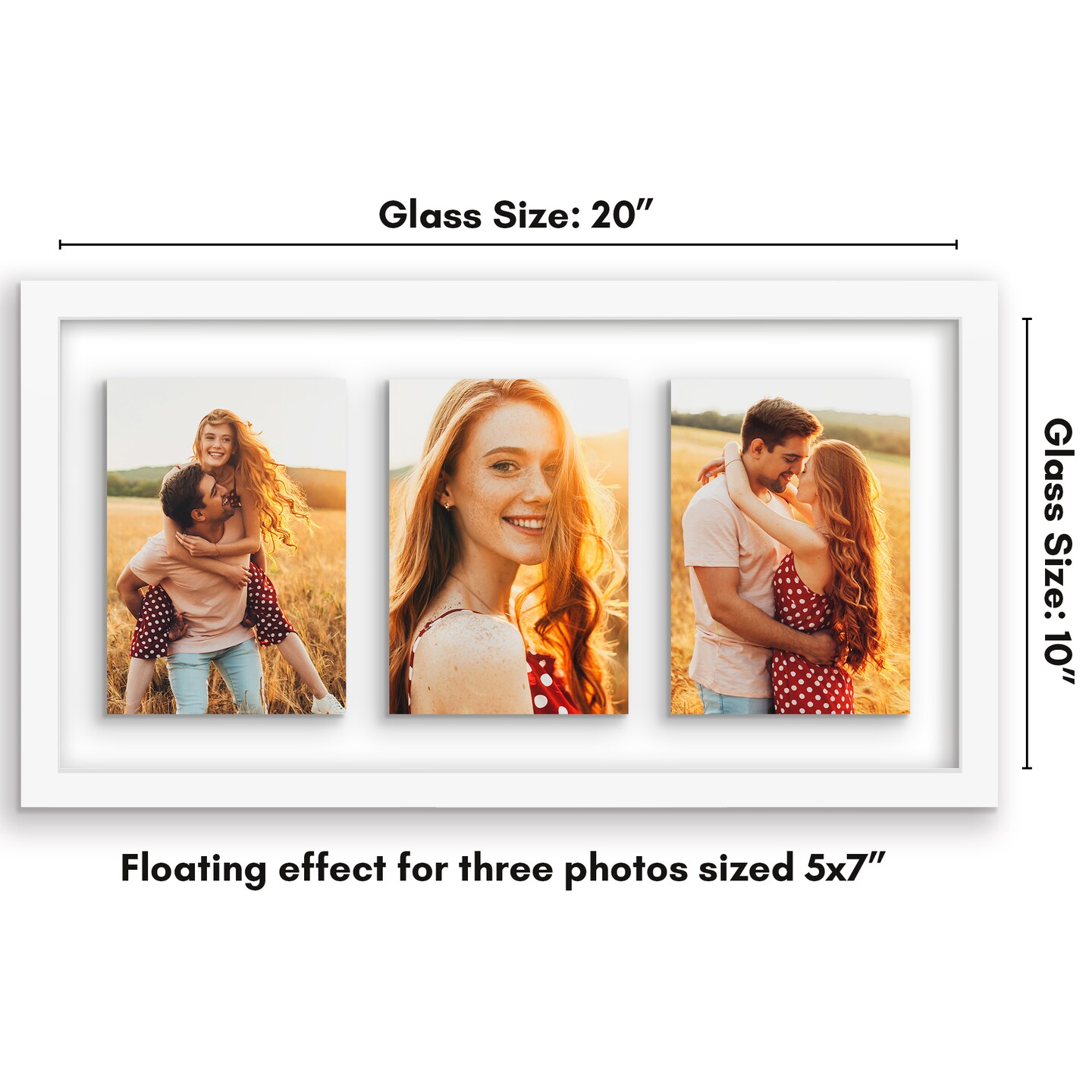 Americanflat Floating Collage Frame - Displays Three Photos with Floating Effect - Shatter Resistant Glass - Hanging Hardware for Horizontal or Verticle Display