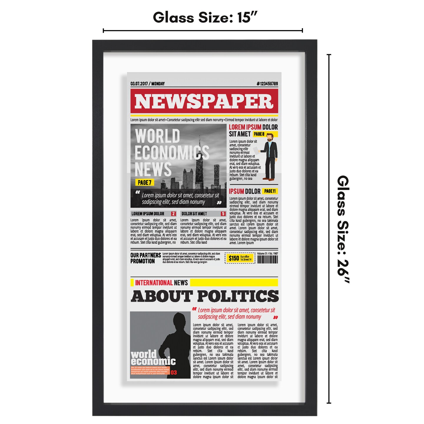 Americanflat 15x26 Floating Newspaper Frame - Ideal for Showcasing Newspaper Front Page - Easy Open Buttons for Loading Photos - Shatter Resistant Glass- Hanging Hardware - Black