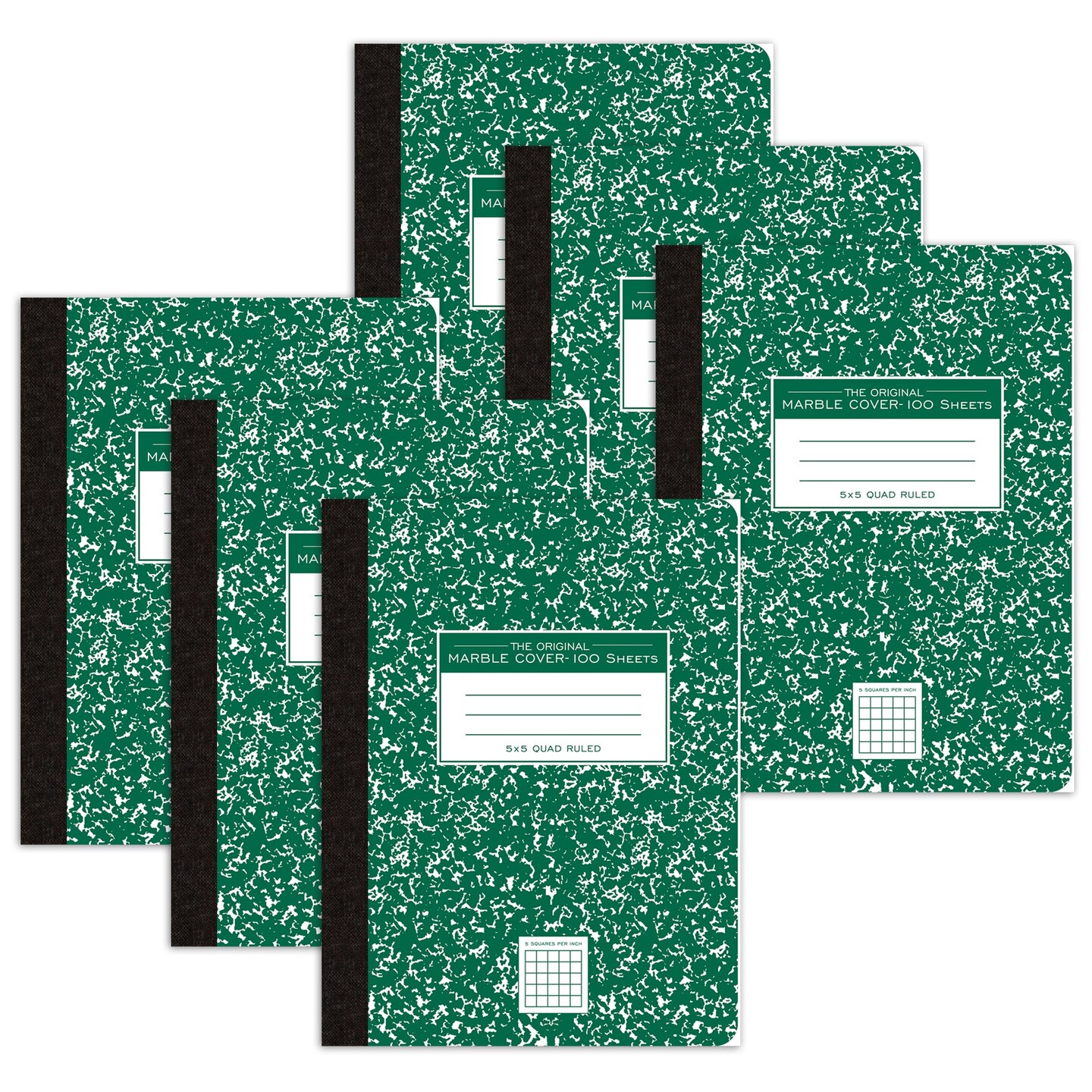 Composition Book, 5x5 Graph, 100 Sheets, 9.75&#x22; x 7.5&#x22;, Green Marble, Pack of 6