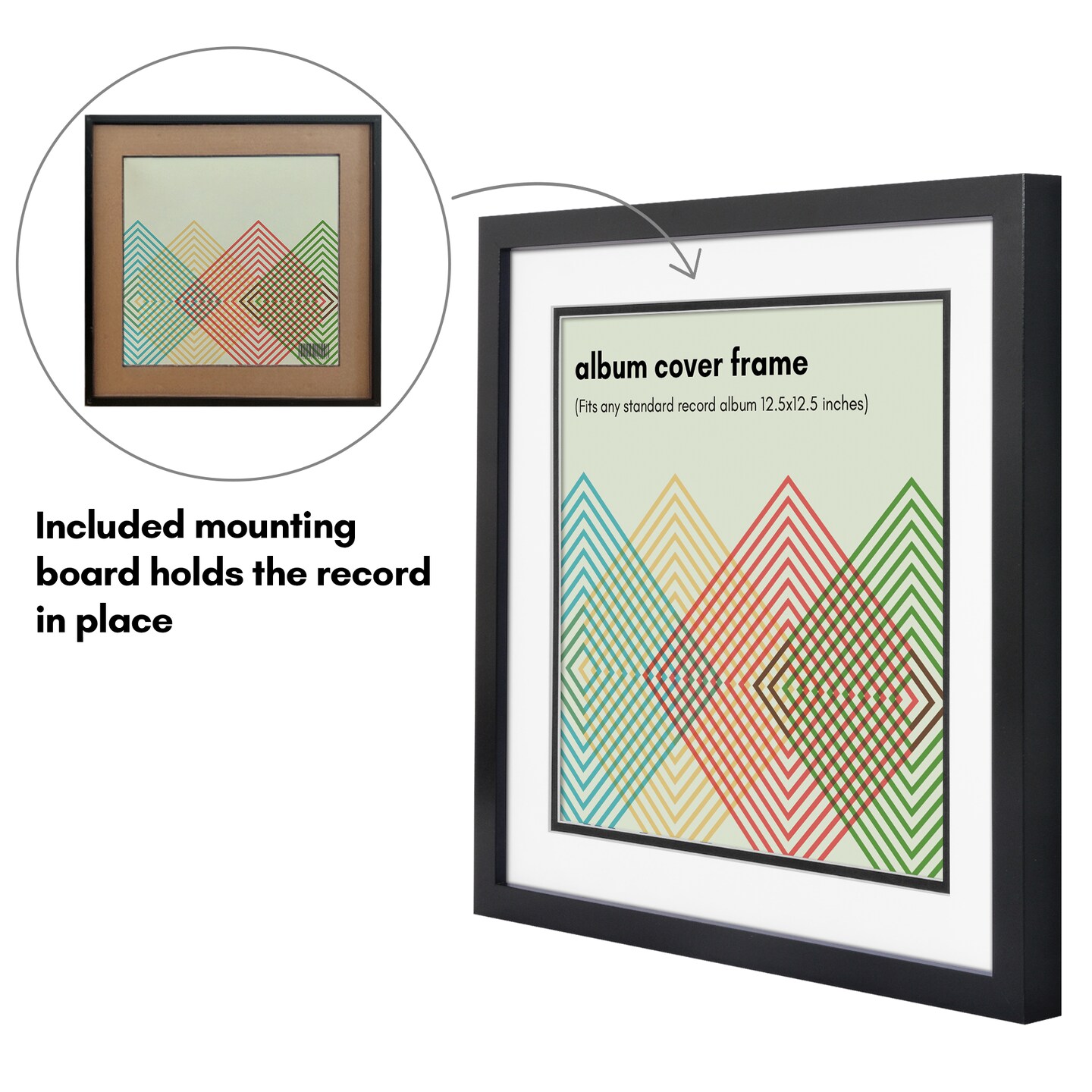 Americanflat 15x15 Record Cover Frame - Includes Double Black and White Mat with Mounting Board - Record Album Picture Frame - Shatter Resistant Glass - Hanging Hardware - Black