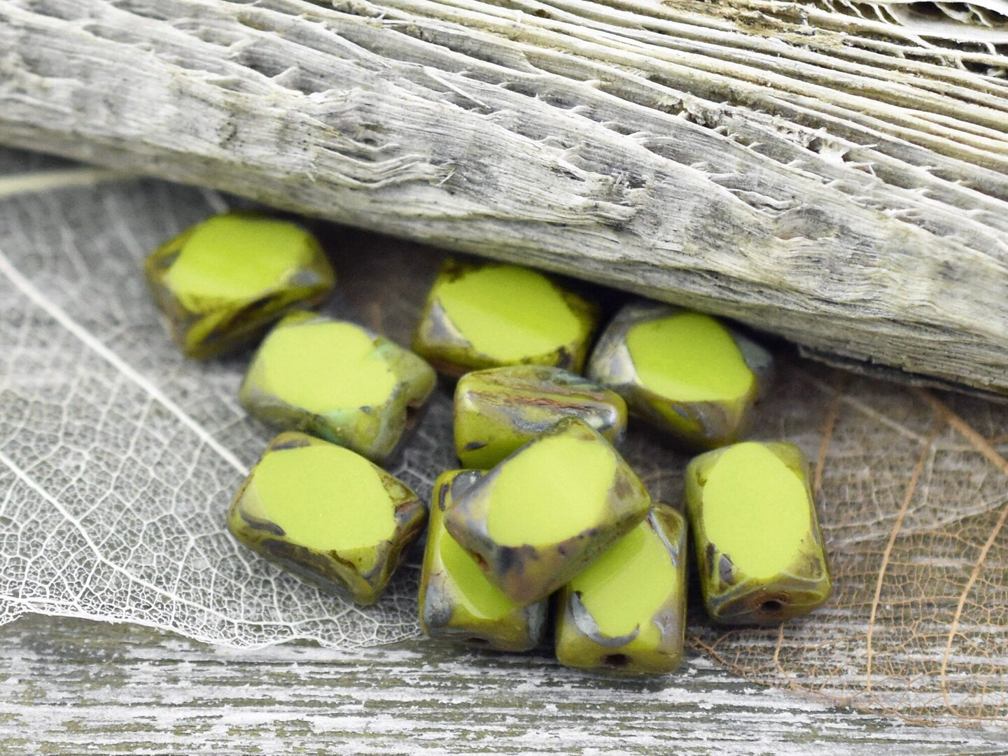 *20* 7x10mm Chartreuse Picasso Table Cut Chicklet Rectangle Beads