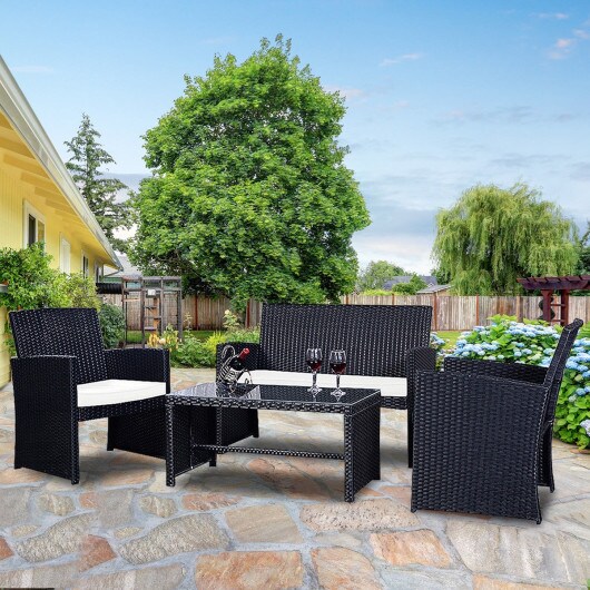 4 PCS Patio Garden Wicker Rattan Cushioned Sofa Set