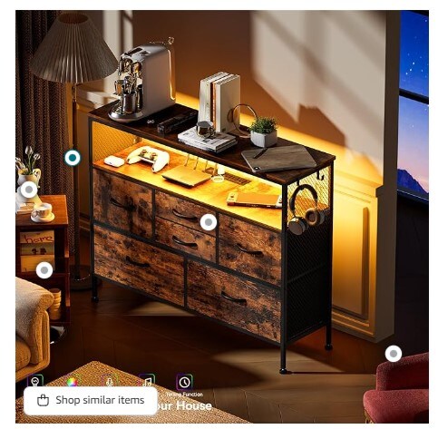 Fabric Chest of Drawers, Rustic Brown, 6 Drawer Dresser with Side Pockets &#x26; Hooks, Wide Dresser with Shelves for 45&#x22; TV, TV Stand for Bedroom with Power Outlets and LED Light