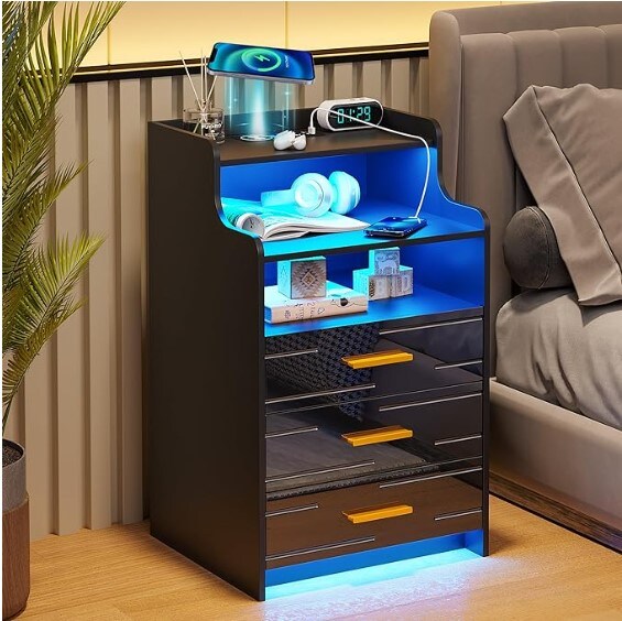 LED Nightstand with Charging Station, Black Nightstand with 3 Drawers, Wireless Charging/USB Ports on Smart Nightstand, Modern Bedside Table with Sensor Light for Bedroom Furniture (Black)