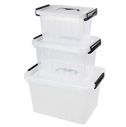 3 Packs of Clear Storage Bin, Plastic Stackable Box/Container with Lid and Black Handle