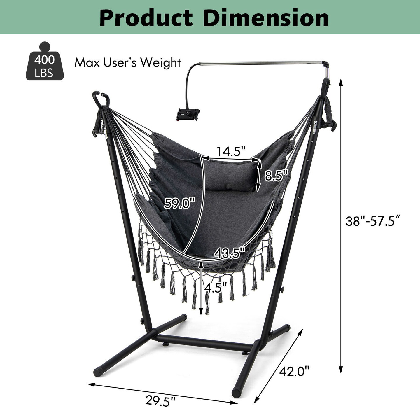 Height Adjustable Hammock Chair with Phone Holder and Side Pocket-grey