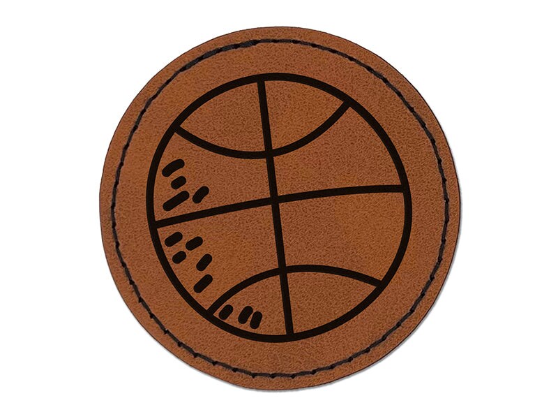 Basketball Doodle Round Iron-On Engraved Faux Leather Patch Applique - 2.5&#x22;