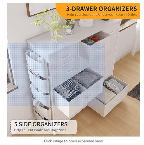 A bedroom dresser with eleven drawers, dressers and chests of drawers with side pockets, hooks, a fabric storage drawer, a steel frame, a wood top, an organizer unit, and a closet pull handle.