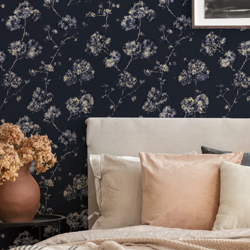Tempaper Sun-Bleached Floral Peel and Stick Wallpaper Midnight Blue/Yellow