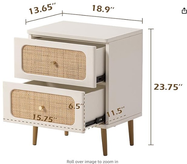 2-Drawer End Table White Finish Side Table for Small Spaces, Modern Farmhouse Wooden Bedside Table, Boho Mid-Century Coastal Storage Cabinet, Wicker Rattan Nightstand Set of 2.