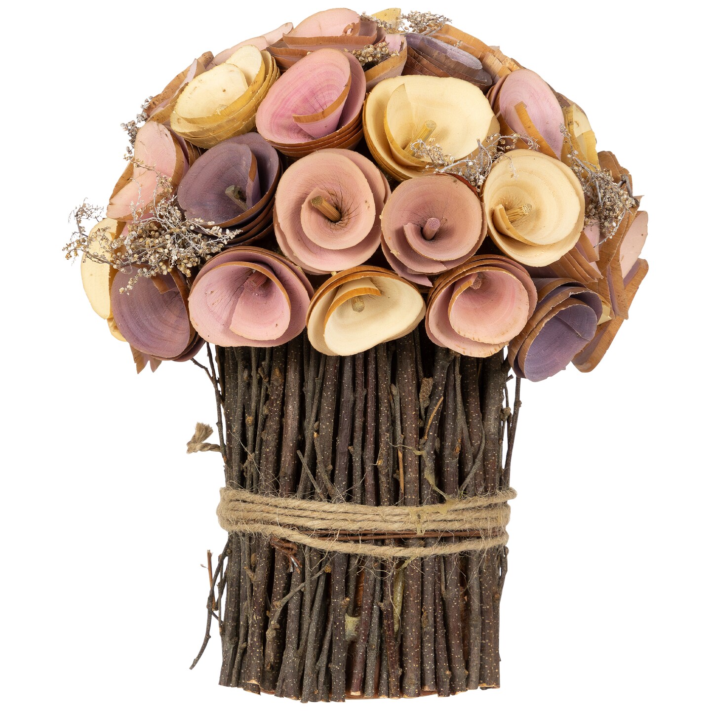Northlight Wood Shaved Artificial Floral Spring Bouquet - 8.25&#x22; - Pink and Yellow