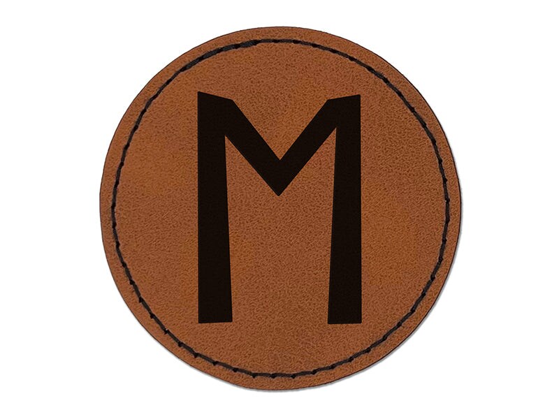 Norse Viking Dwarven Rune Letter E Round Iron-On Engraved Faux Leather Patch Applique - 2.5&#x22;