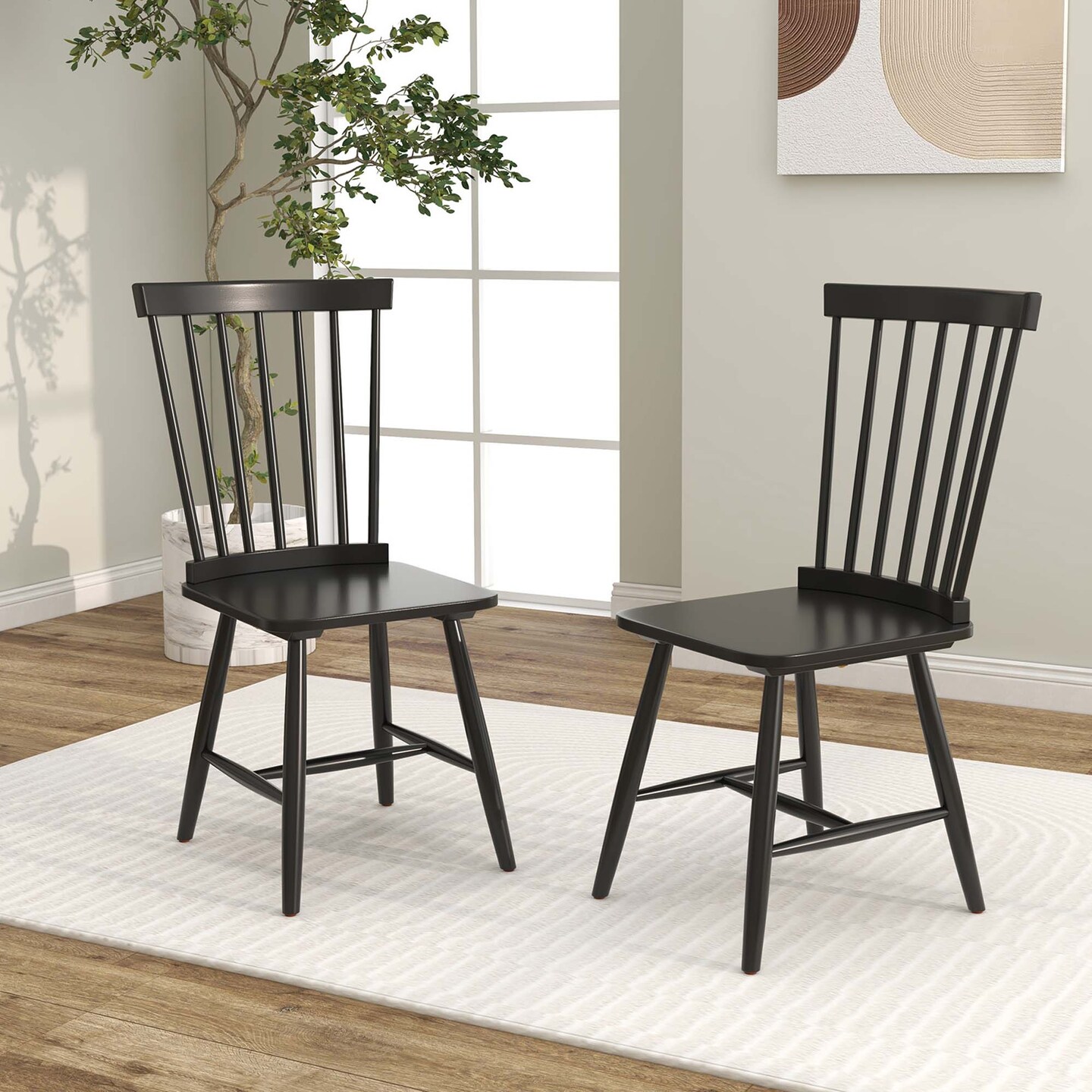 Costway Windsor Dining Chairs Set of 2 Armless Spindle Back Solid Rubber Wood Black/Natural