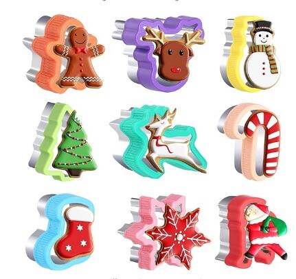 Christmas Cookie Cutters: 9 Christmas holiday themed baking cutters in the shapes of a flying deer, a snowflake, a Christmas tree, a deer head, Santa Claus, socks, crutches, a snowman, and a gingerbread man.