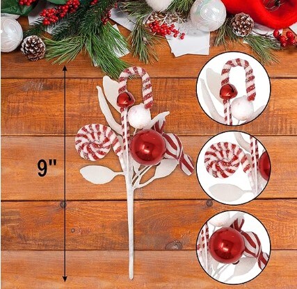 Picks in Red and White for Christmas Balls of Peppermint Candy Cane 9 Inch Jingle Bells and Candies on Sticks for Christmas Vase Filler Crafts &#x26; Tree Ornament Wreath Holiday Home Party Decorations